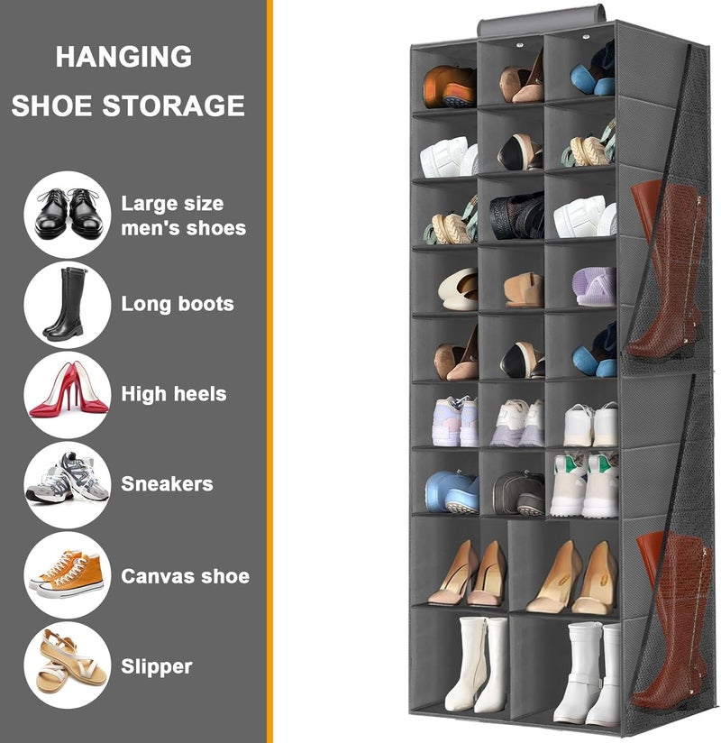 VERONLY Hanging Shoe Organizer for Closet, Closet Hanging Shoe Storage Rack Holder Shelves,Collapsible Shoe Closet Organizers and Storage with 4 Large Side Pockets,25 Sections for Shoes,Hats,Clothes(Gray) - Image 3
